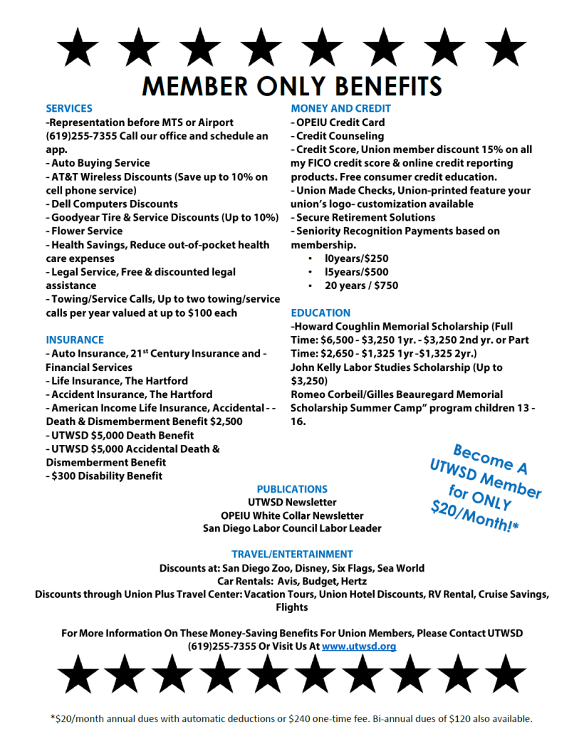 NEW BENEFITS! JOIN UTWSD MEMBERSHIP DRIVE!